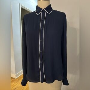 Navy Blue Button-Up Blouse with White Piping Trim